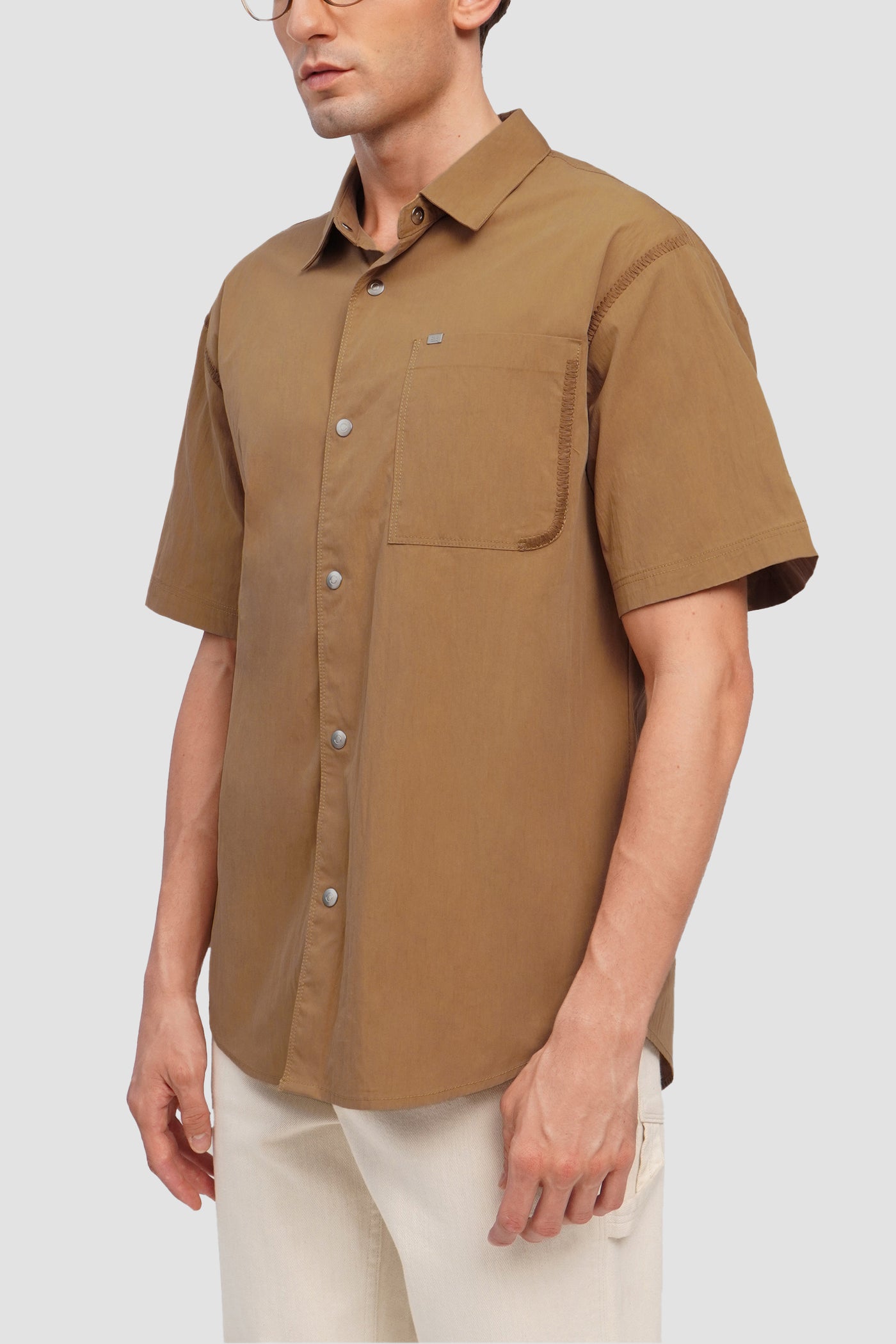 Boxy Fit Button Up Shirt With Stitching Detail