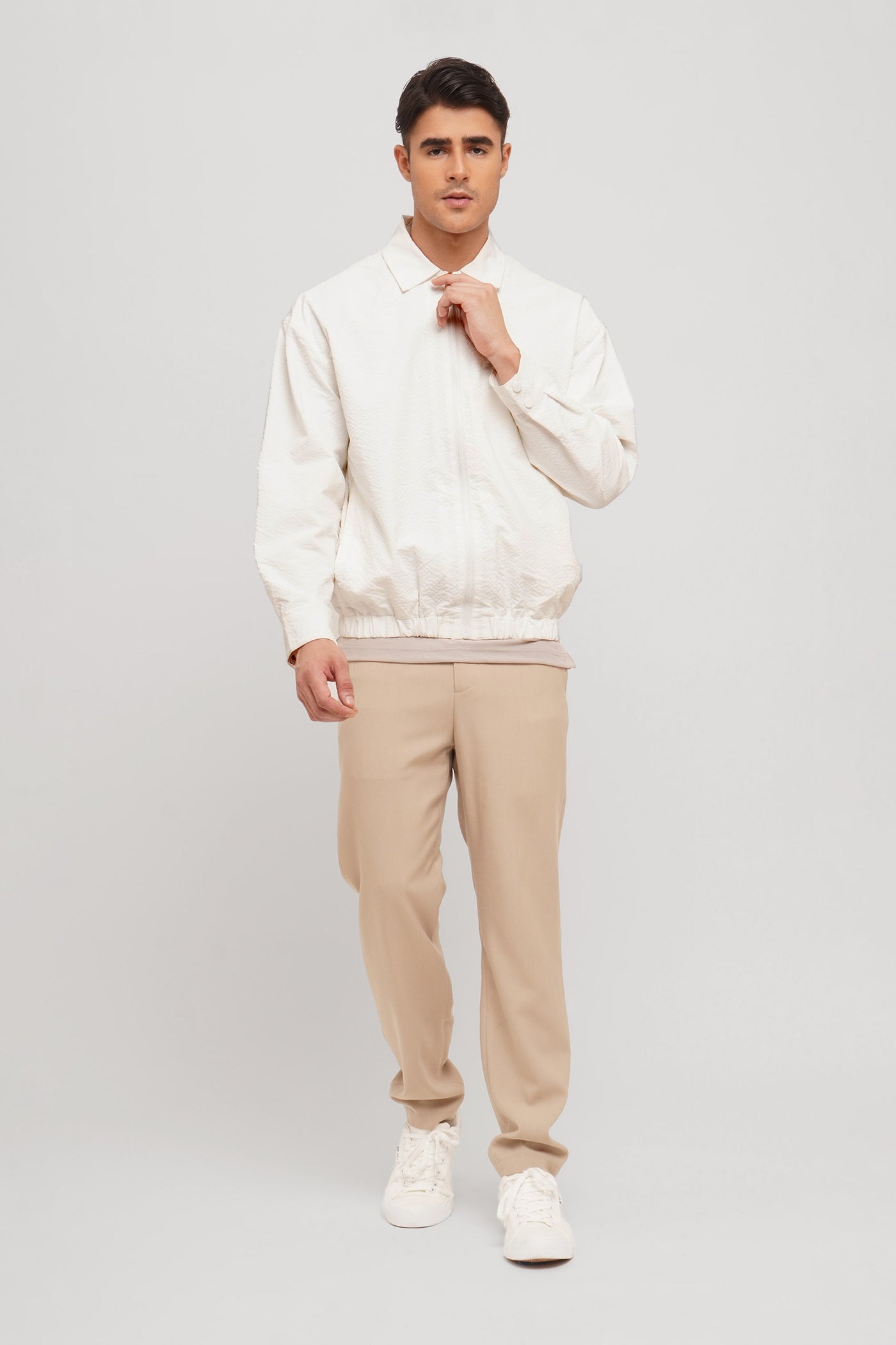 Collared Seersucker Bomber Jacket