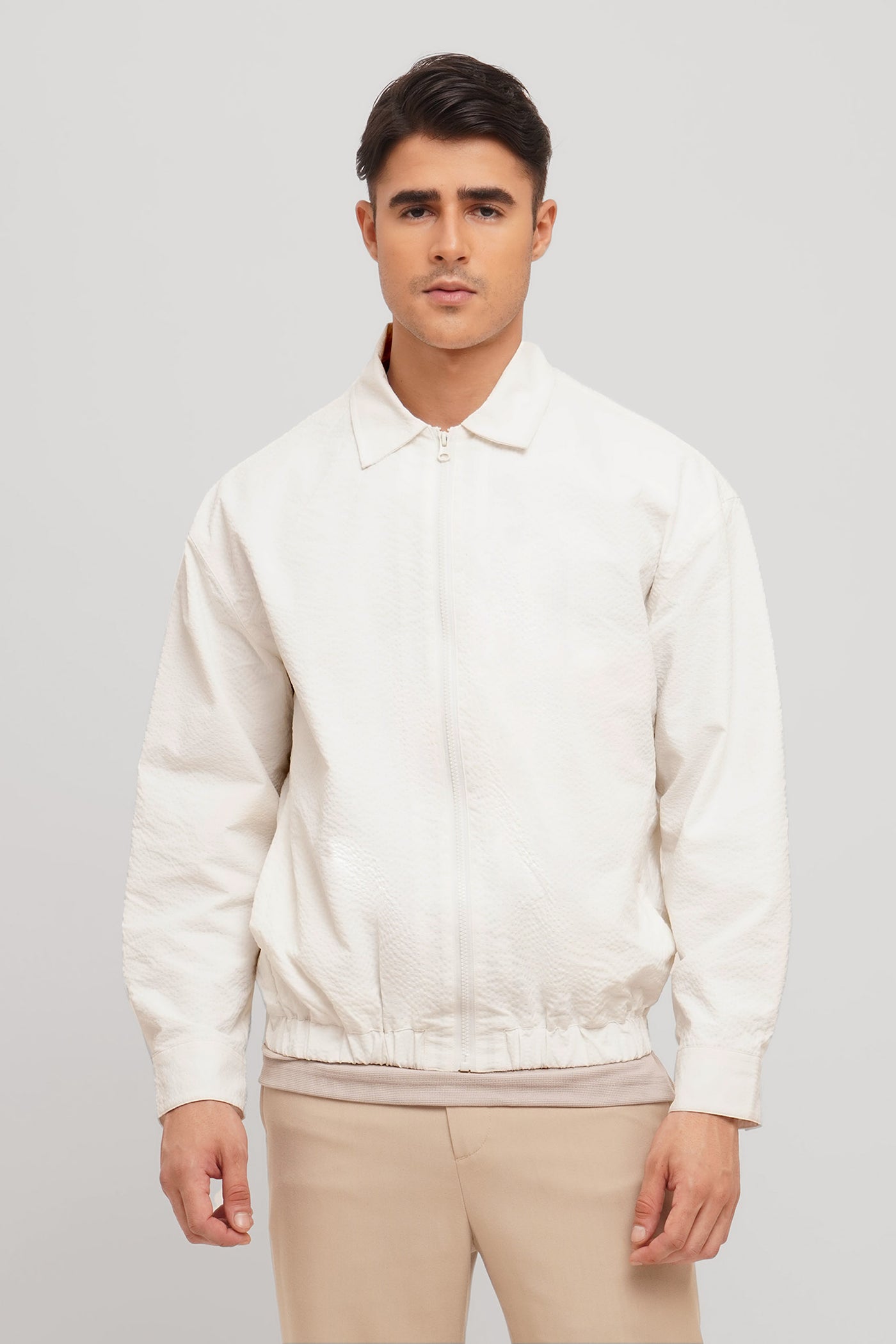 Collared Seersucker Bomber Jacket