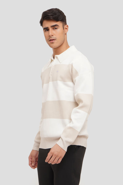 Wide Striped Flat Knit Polo Shirt