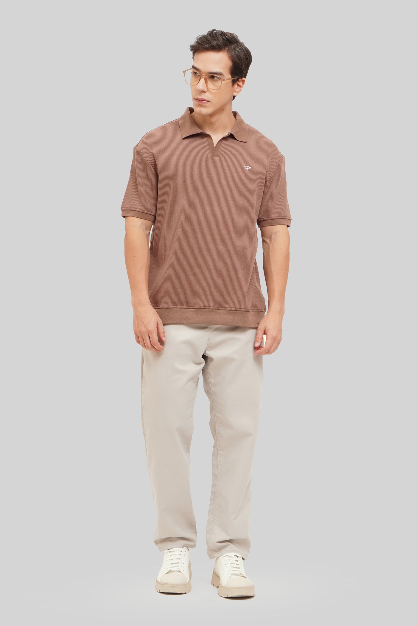 Textured Open Collar Short Sleeve Polo Shirt