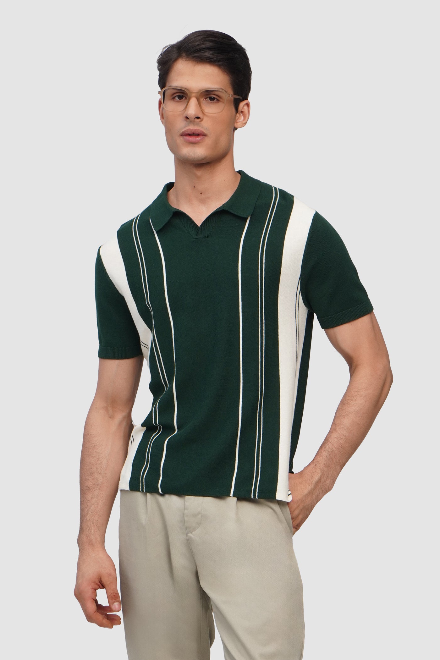 Striped Flat Knit Open Collar Polo Shirt