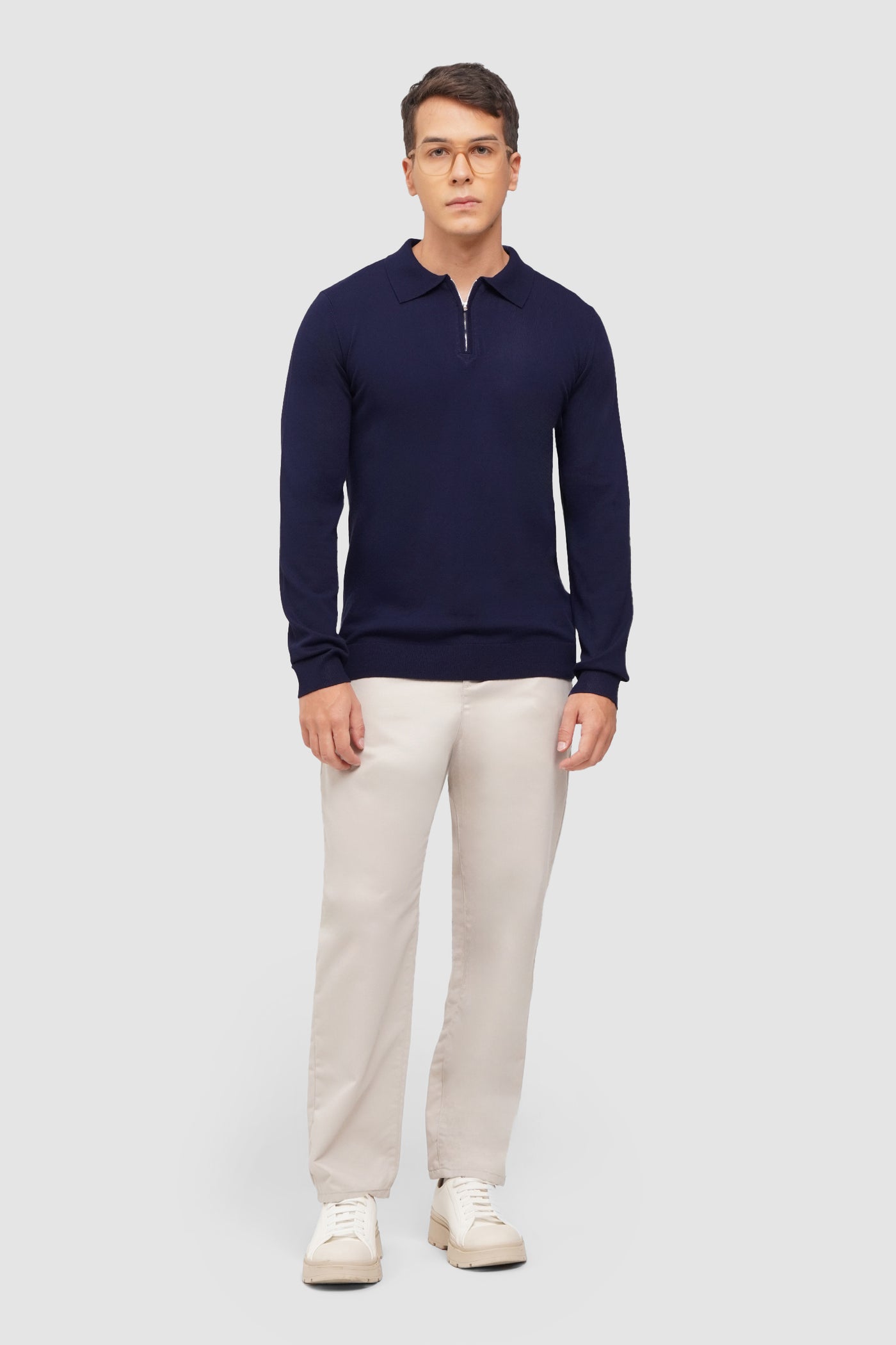 Flat Knit Long Sleeve Polo With Zip