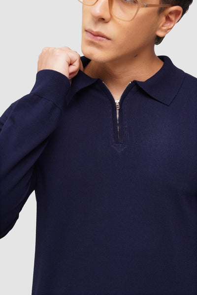 Flat Knit Long Sleeve Polo With Zip