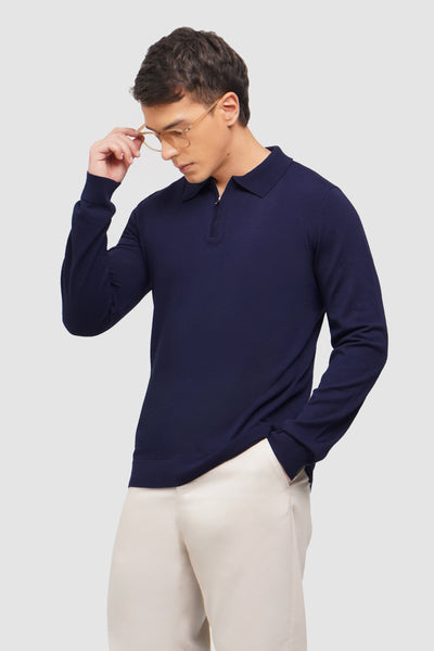 Flat Knit Long Sleeve Polo With Zip