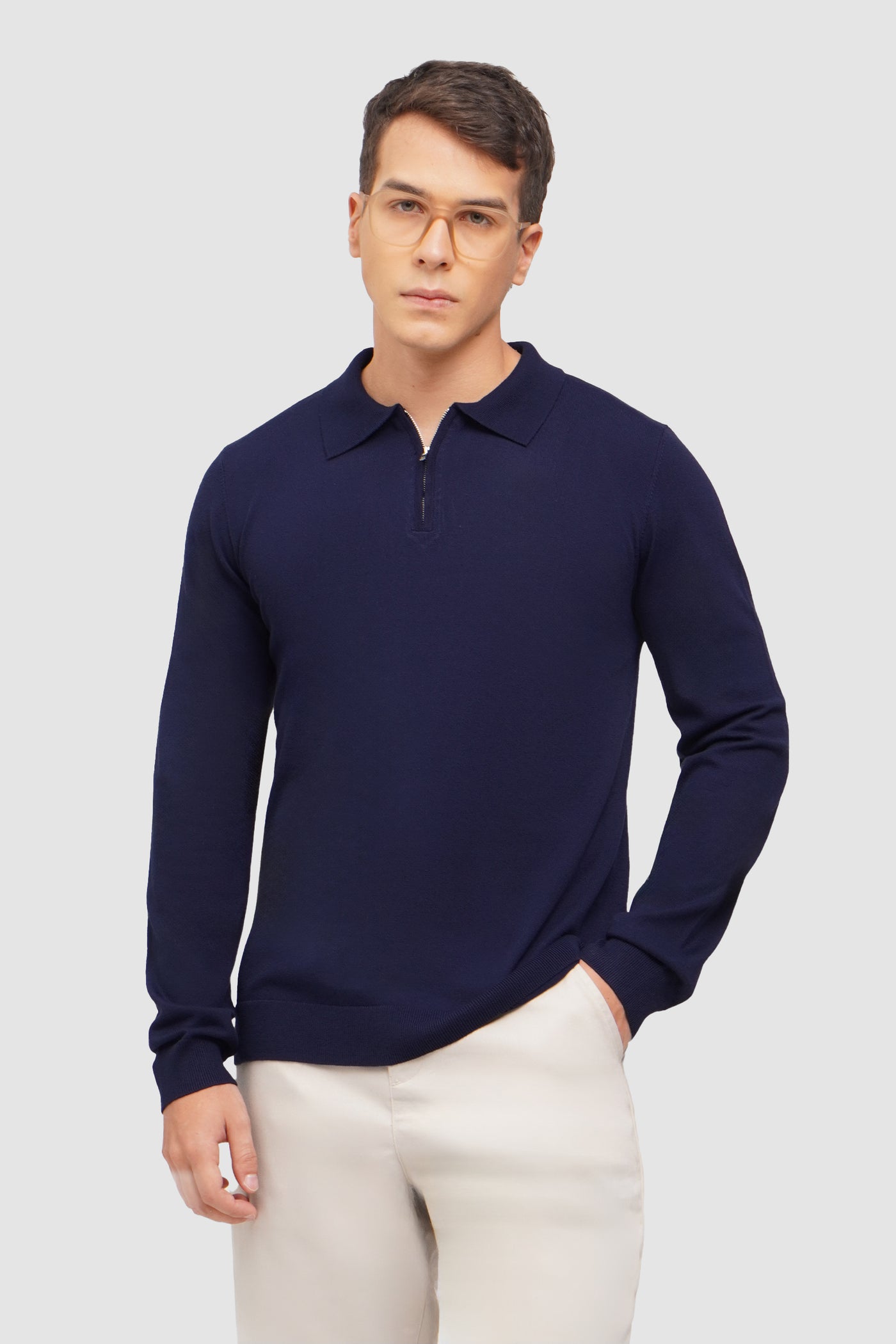 Flat Knit Long Sleeve Polo With Zip