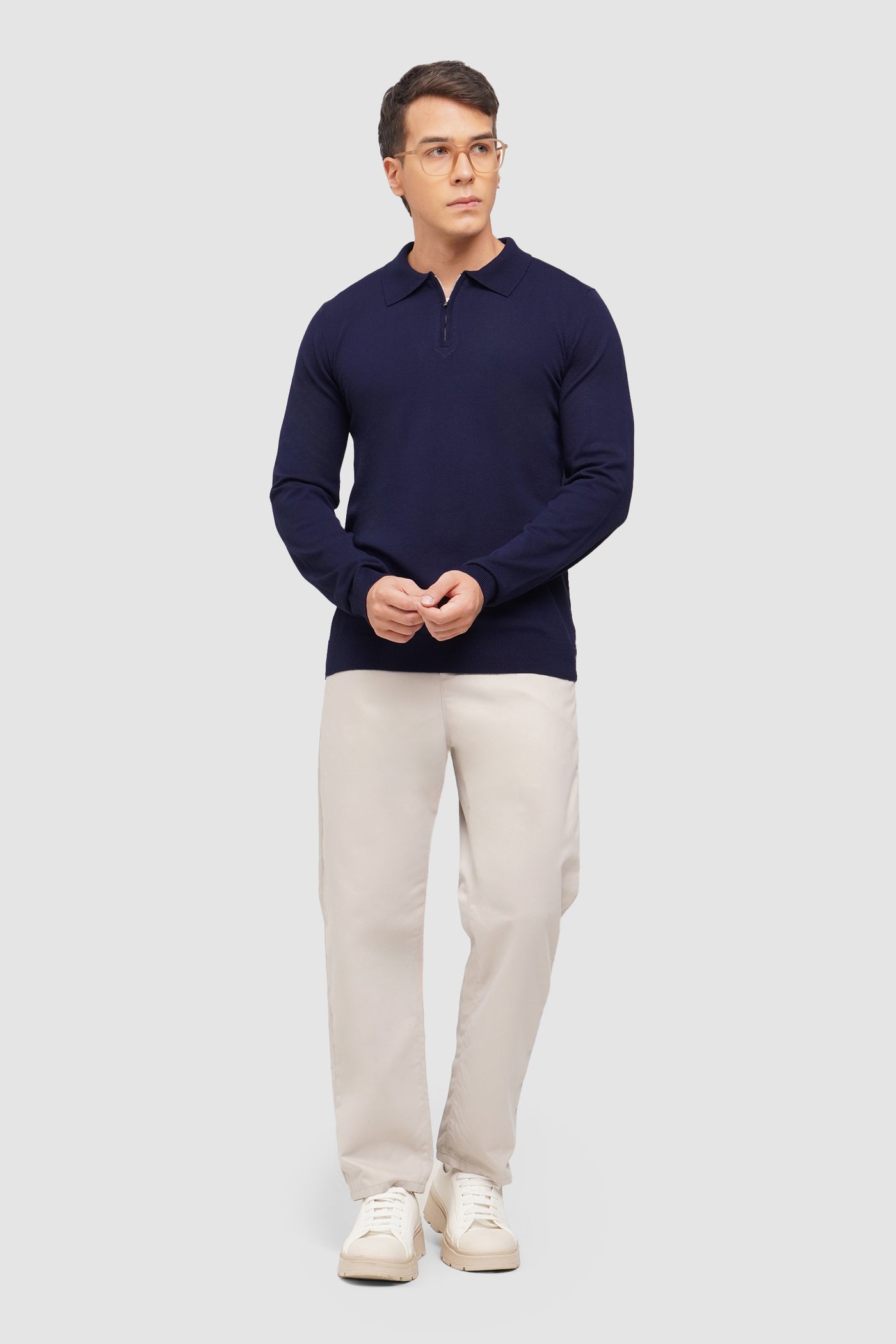 Flat Knit Long Sleeve Polo With Zip