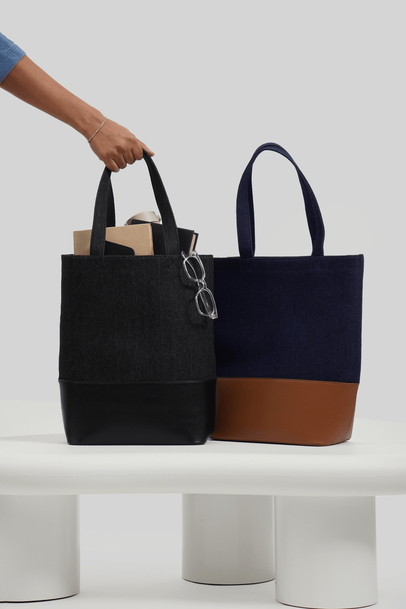 Denim Structured Tote With Vegan Leather Base