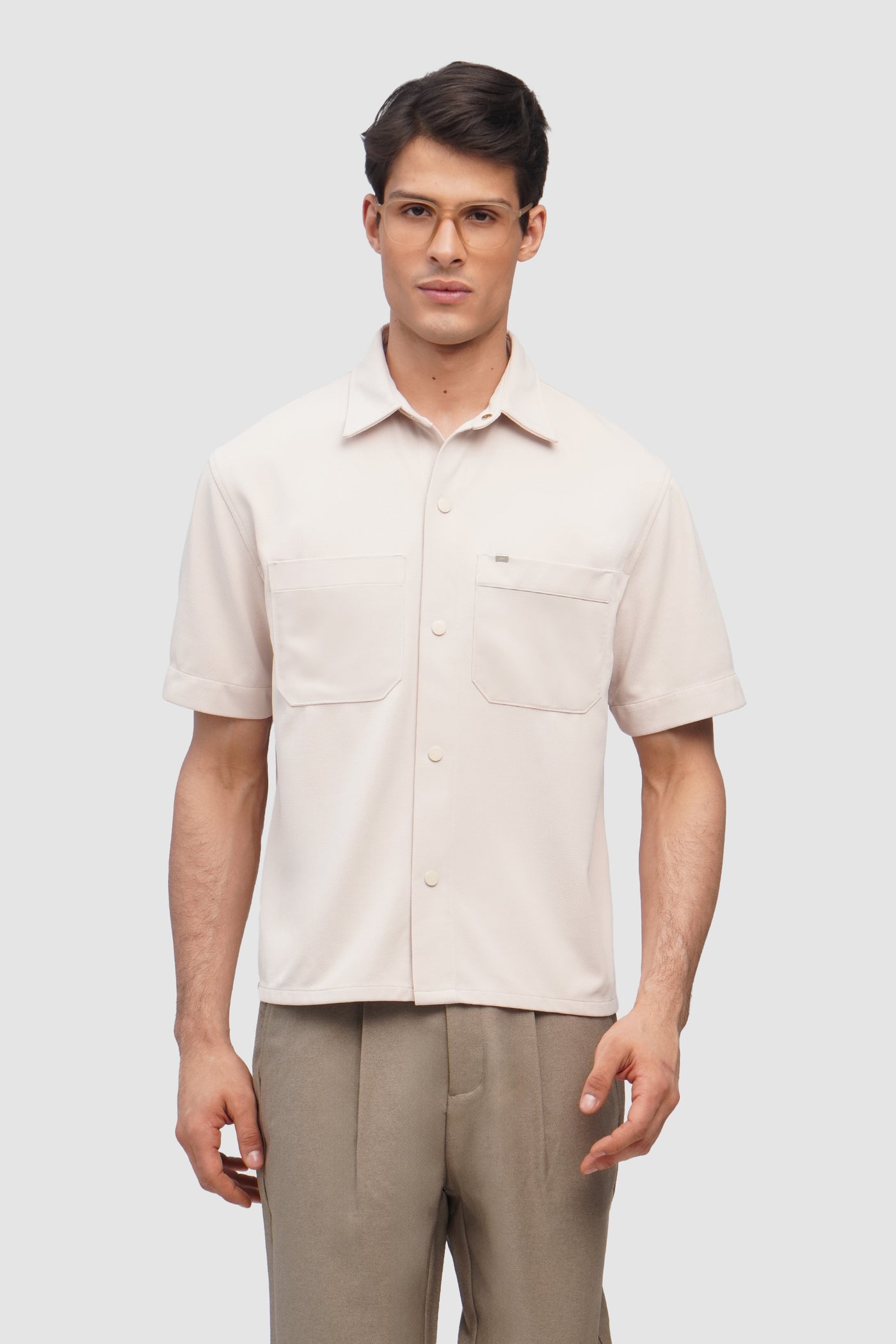 Relaxed Fit Short Sleeve Knit Overshirt With Snap Button Closure