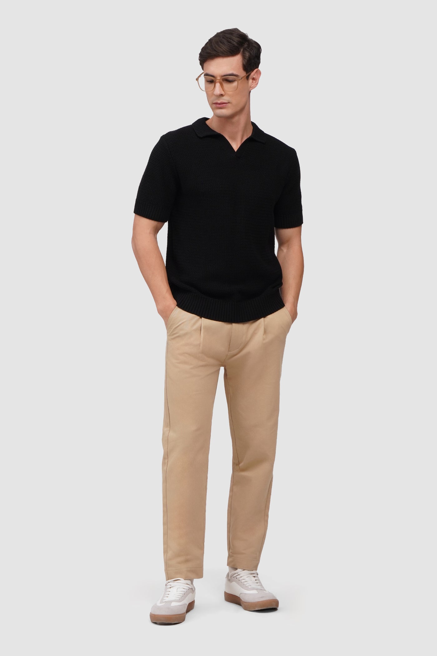 Flat Knit Textured V-Neck Polo