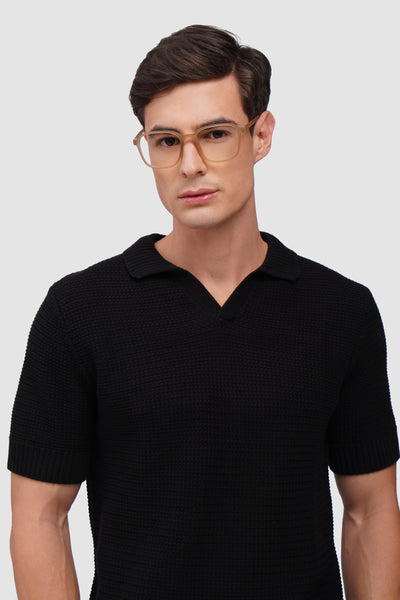 Flat Knit Textured V-Neck Polo