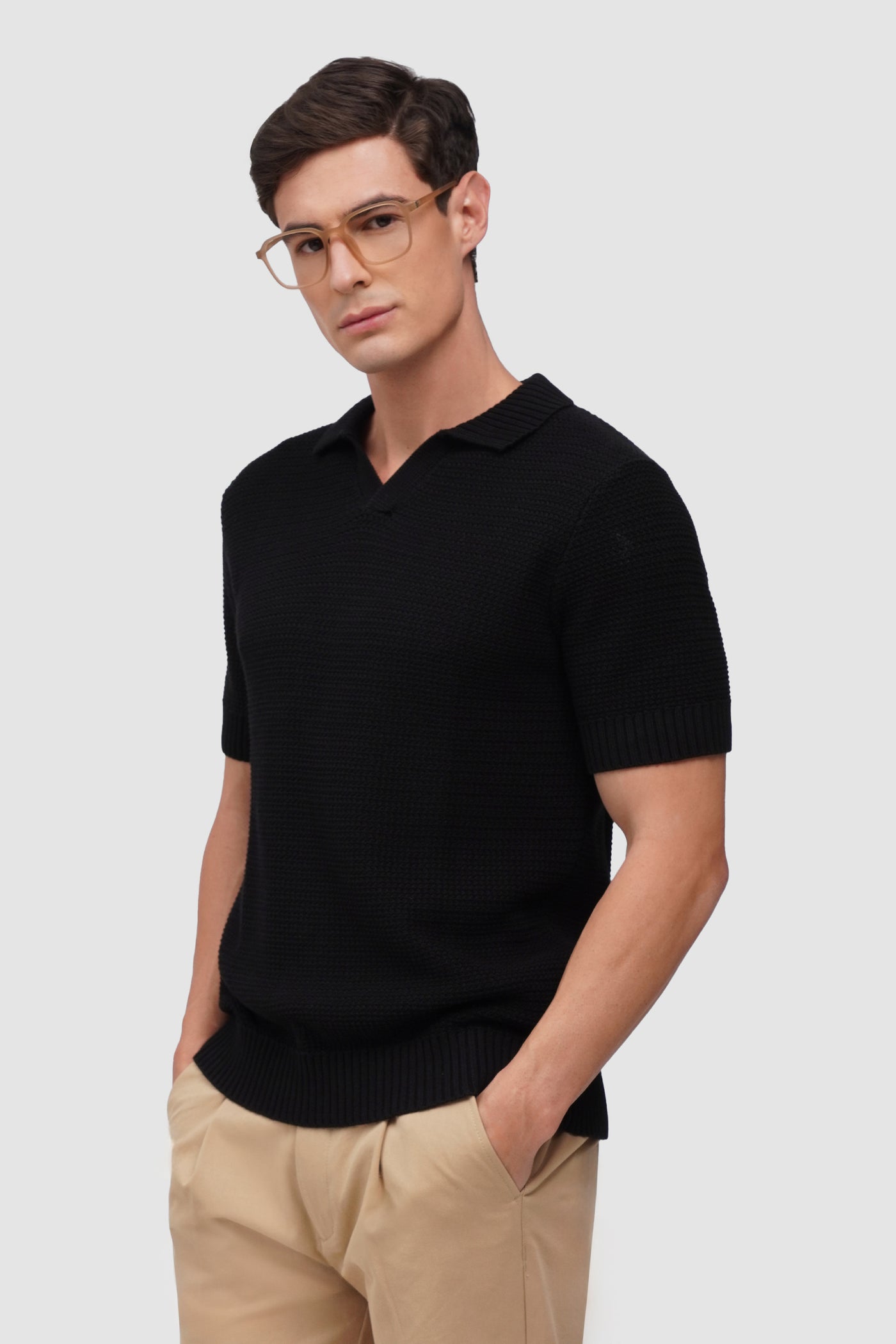 Flat Knit Textured V-Neck Polo