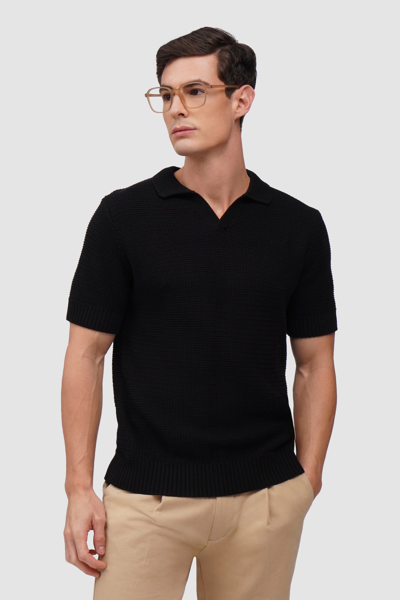 Flat Knit Textured V-Neck Polo