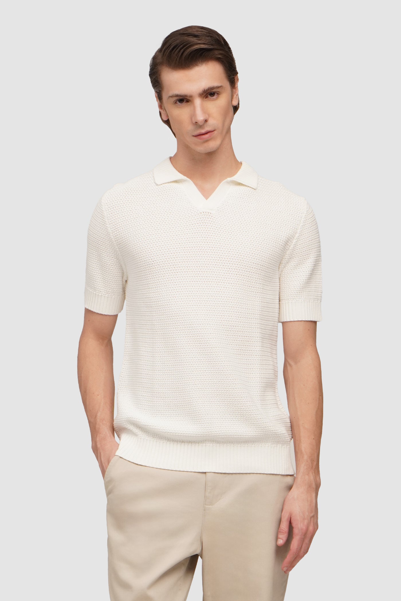 Flat Knit Textured V-Neck Polo