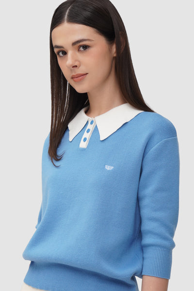 Women's 3/4 Sleeve Contrast Collar And Placket Polo