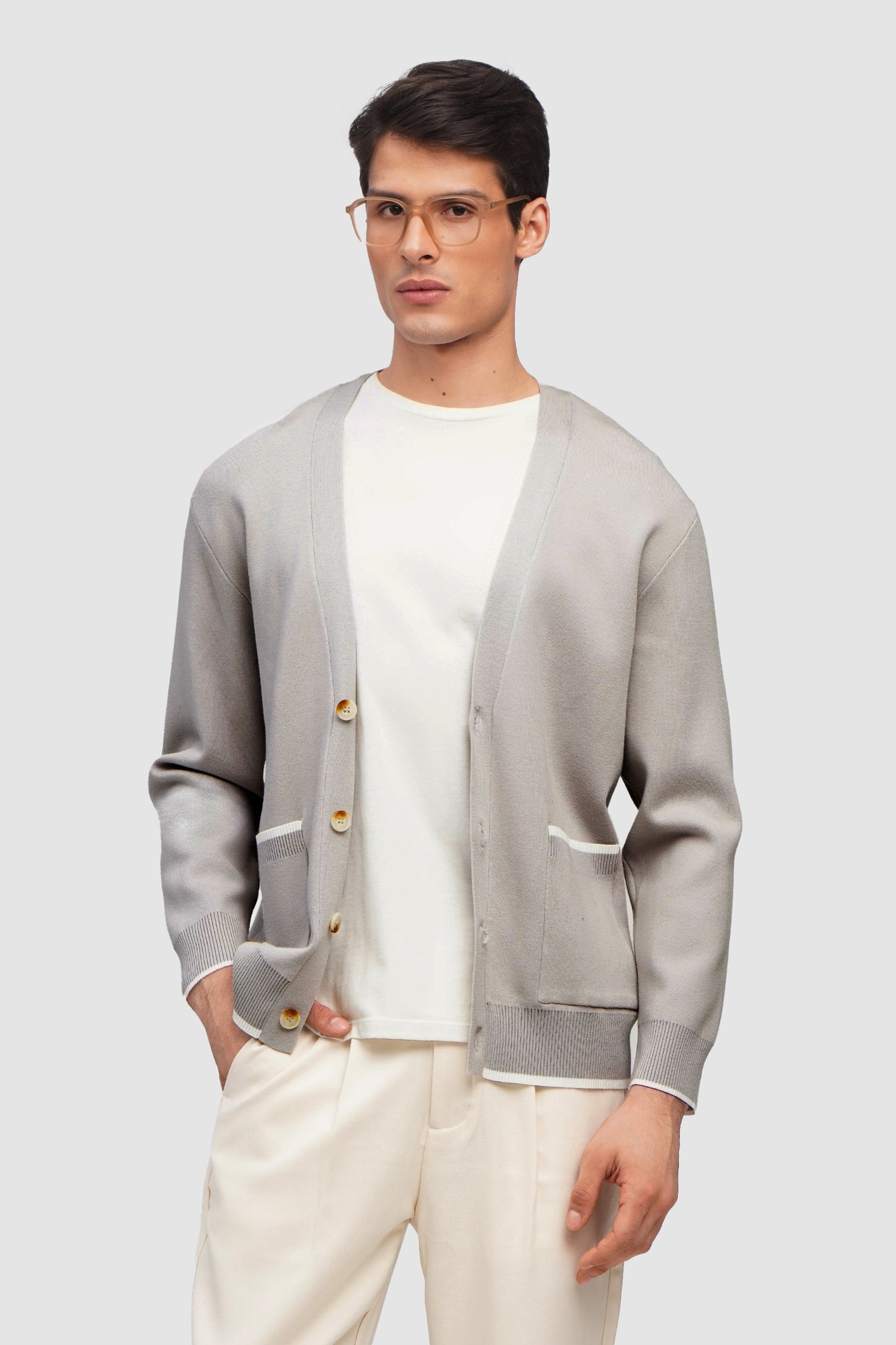 Soft Touch Flat Knit Cardigan With Contrast Tipping