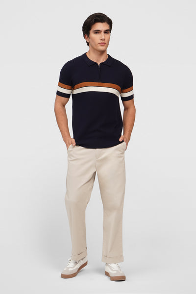 Flat Knit Zip-Up Polo With Contrast Stripe Detail