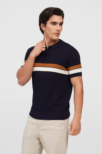 Flat Knit Zip-Up Polo With Contrast Stripe Detail