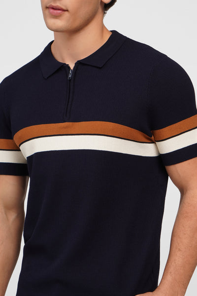 Flat Knit Zip-Up Polo With Contrast Stripe Detail