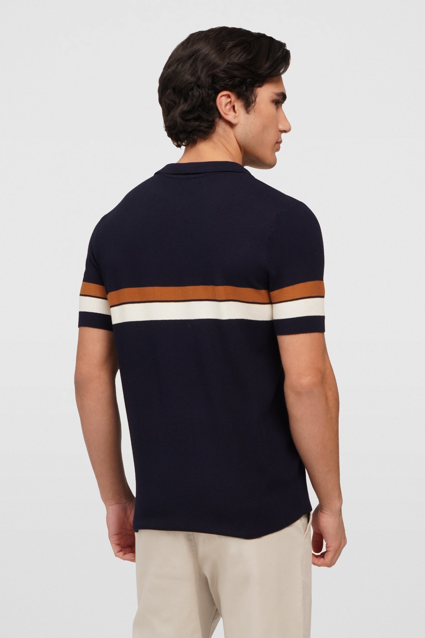 Flat Knit Zip-Up Polo With Contrast Stripe Detail