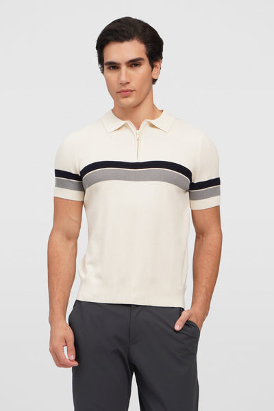 Flat Knit Zip-Up Polo With Contrast Stripe Detail