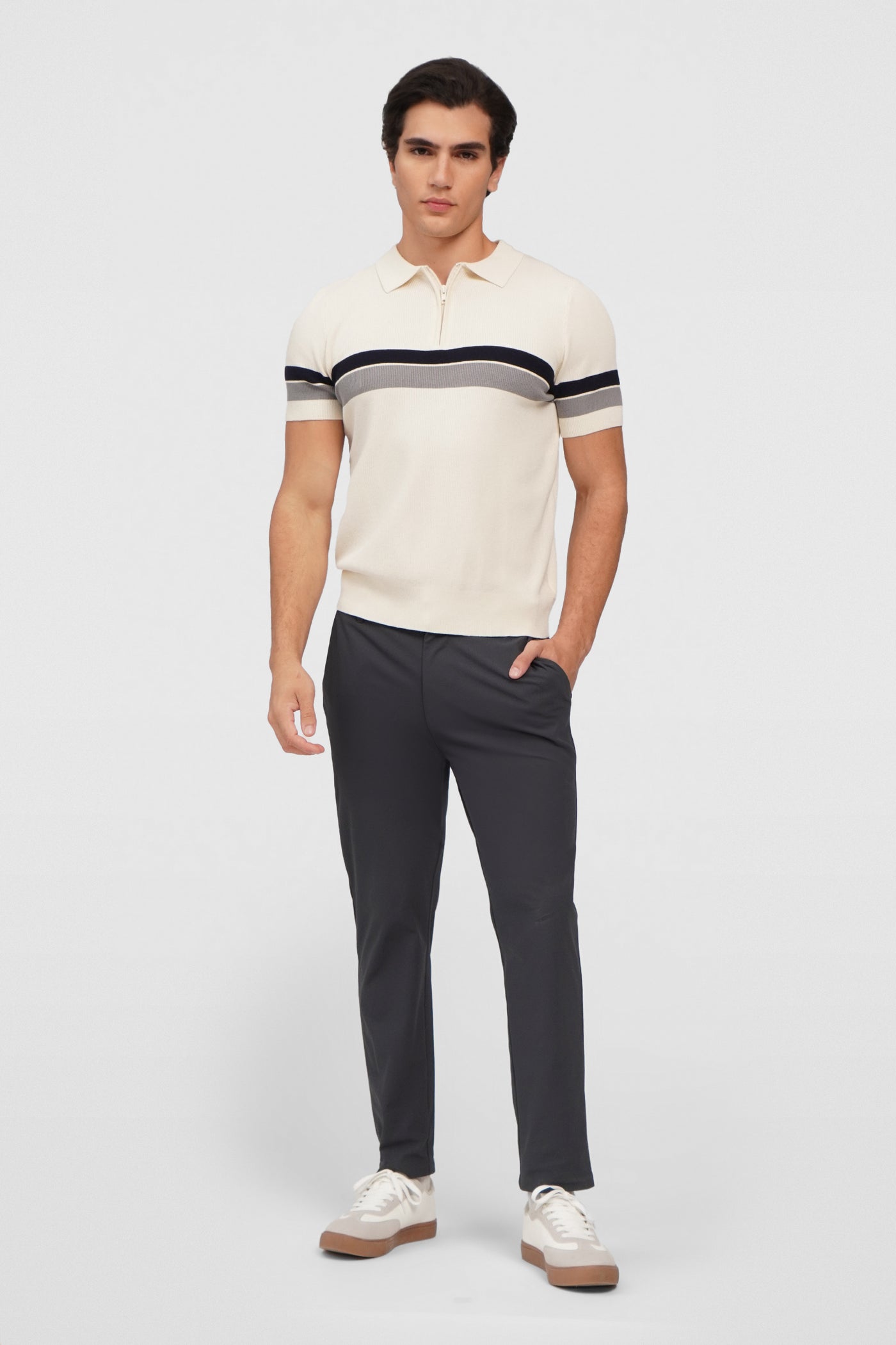 Flat Knit Zip-Up Polo With Contrast Stripe Detail