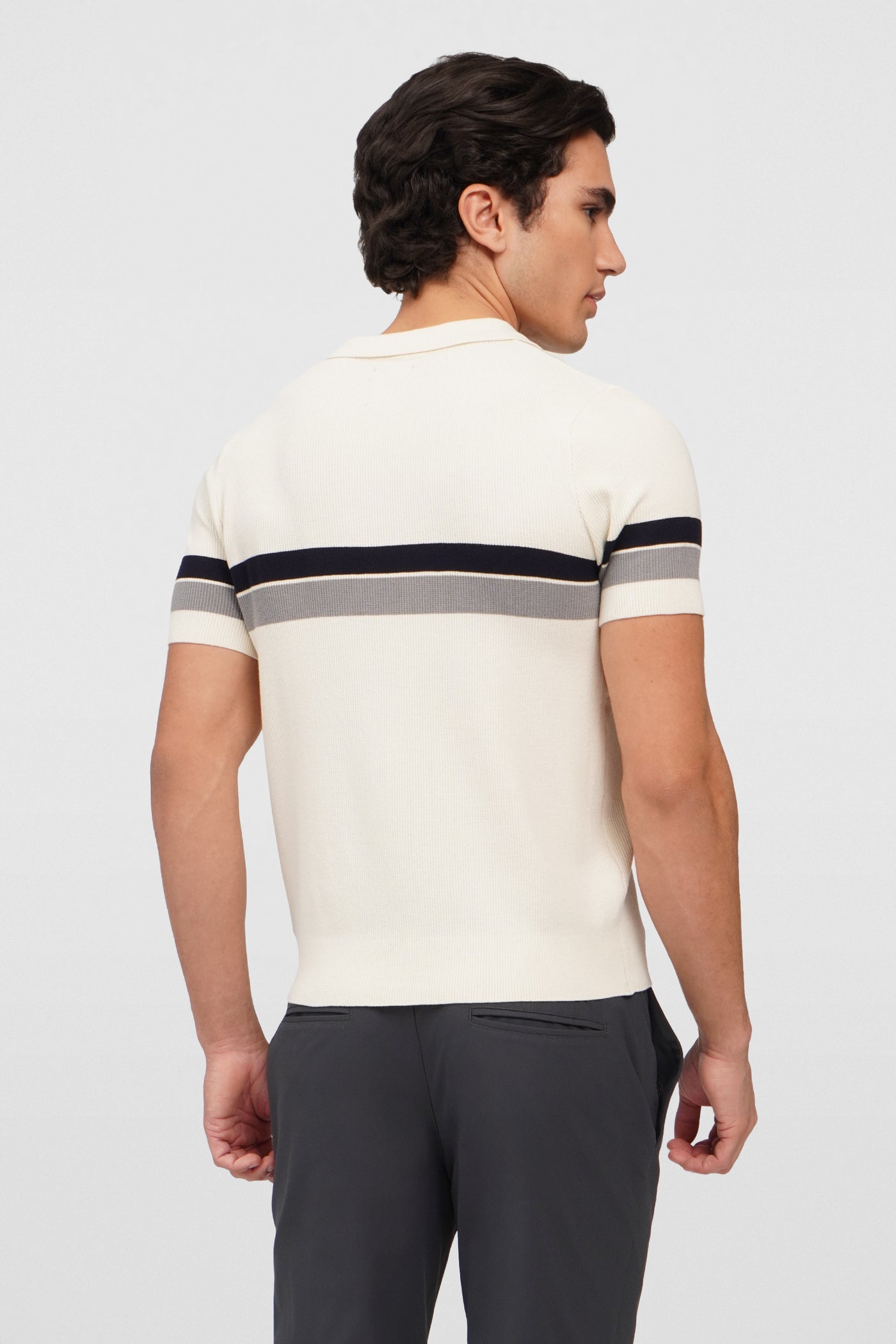 Flat Knit Zip-Up Polo With Contrast Stripe Detail