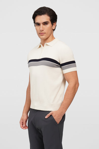 Flat Knit Zip-Up Polo With Contrast Stripe Detail