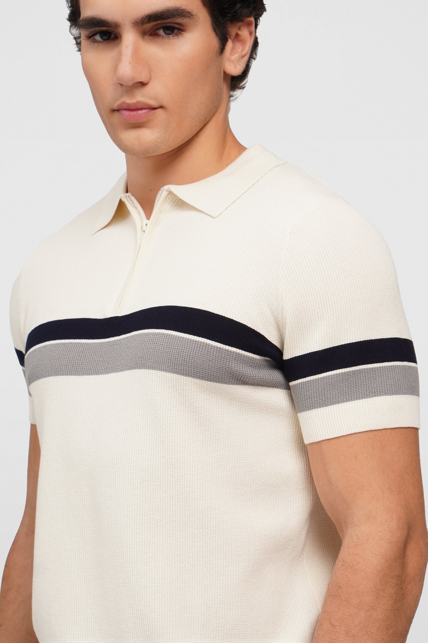 Flat Knit Zip-Up Polo With Contrast Stripe Detail