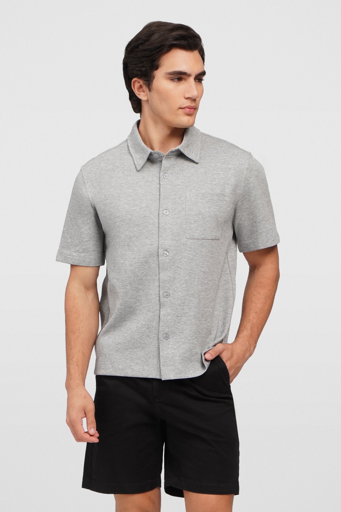 Regular Fit Button Up Knit Shirt With Patch Pocket