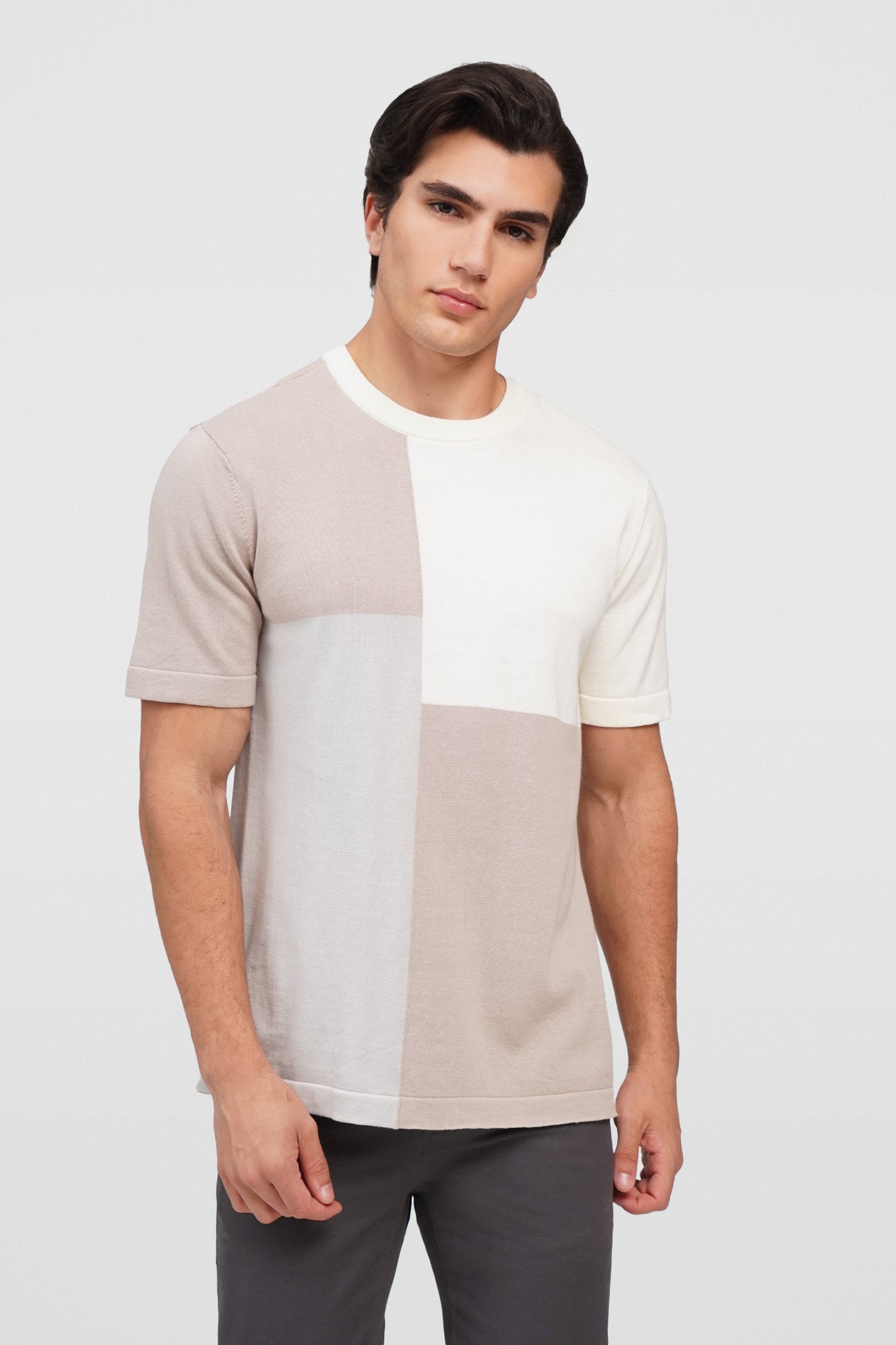 Regular Fit Flat Knit T-Shirt With Color Blocking Pattern