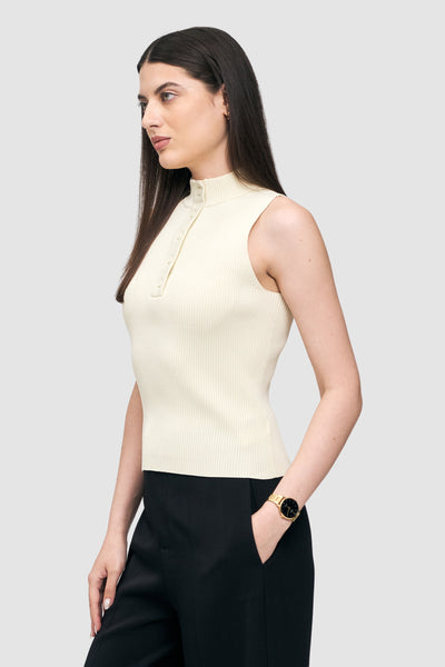 Buttoned-Placket Sleeveless Top