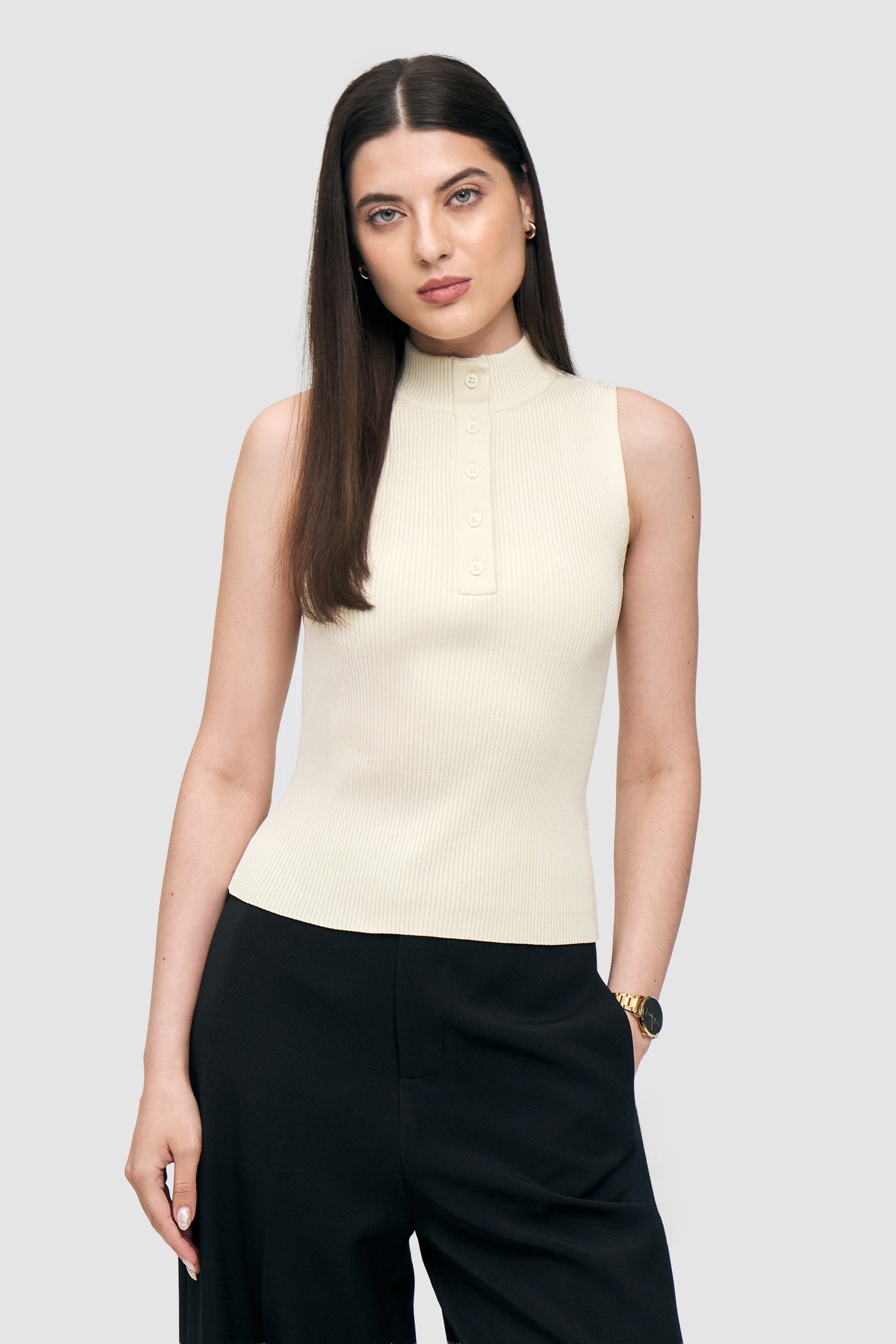 Buttoned-Placket Sleeveless Top
