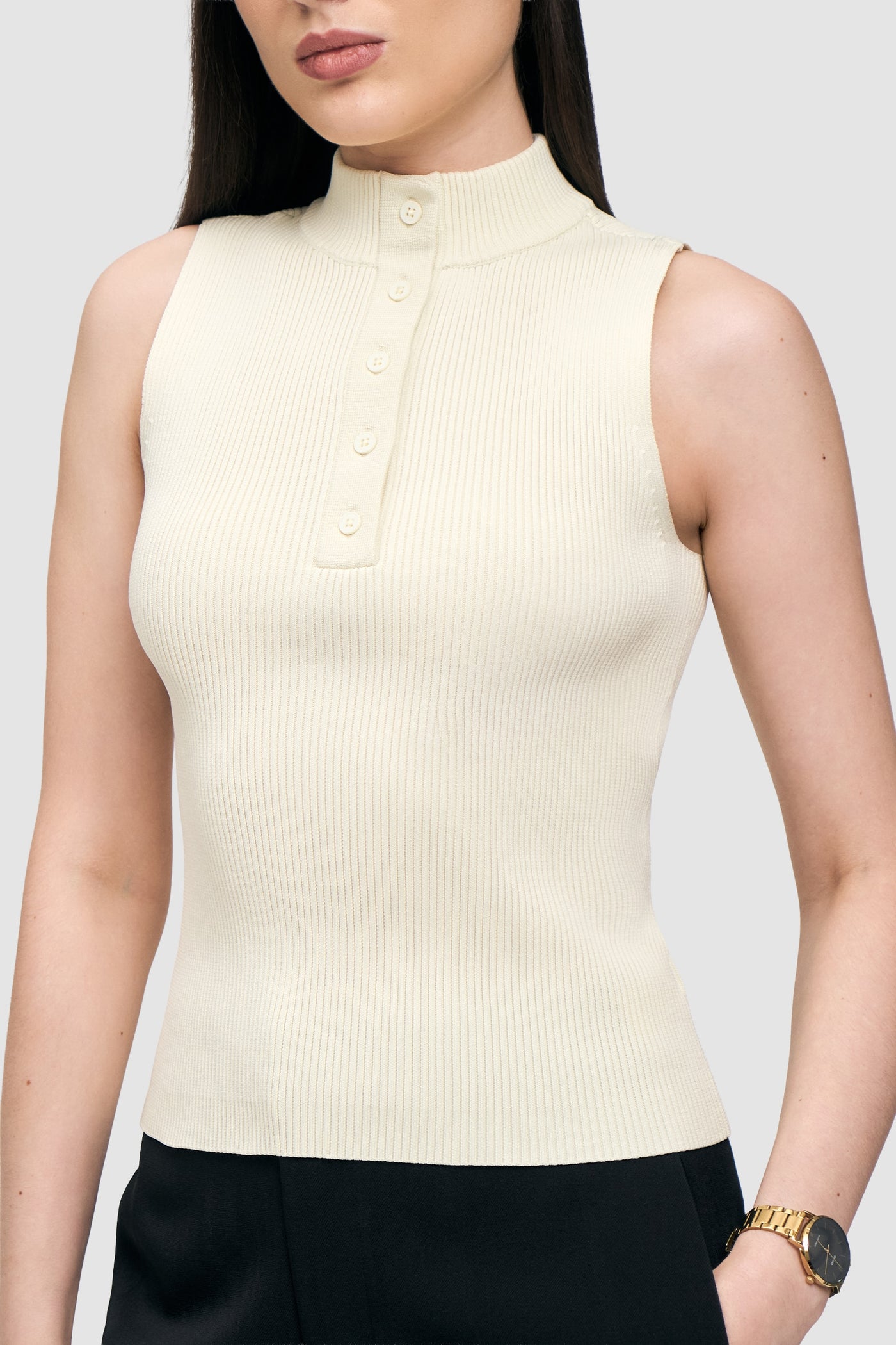 Buttoned-Placket Sleeveless Top